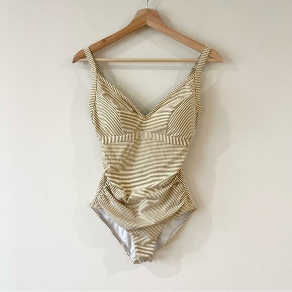 Sunseeker Striped Off White and Mustard Yellow One-Piece Swimsuit Size 6 - Picture 2 of 12